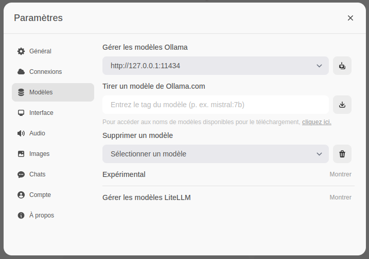 Les options disponibles concernant les modèles dans les paramètres Capture d'écran de l'onglet "Modèles" des paramètres