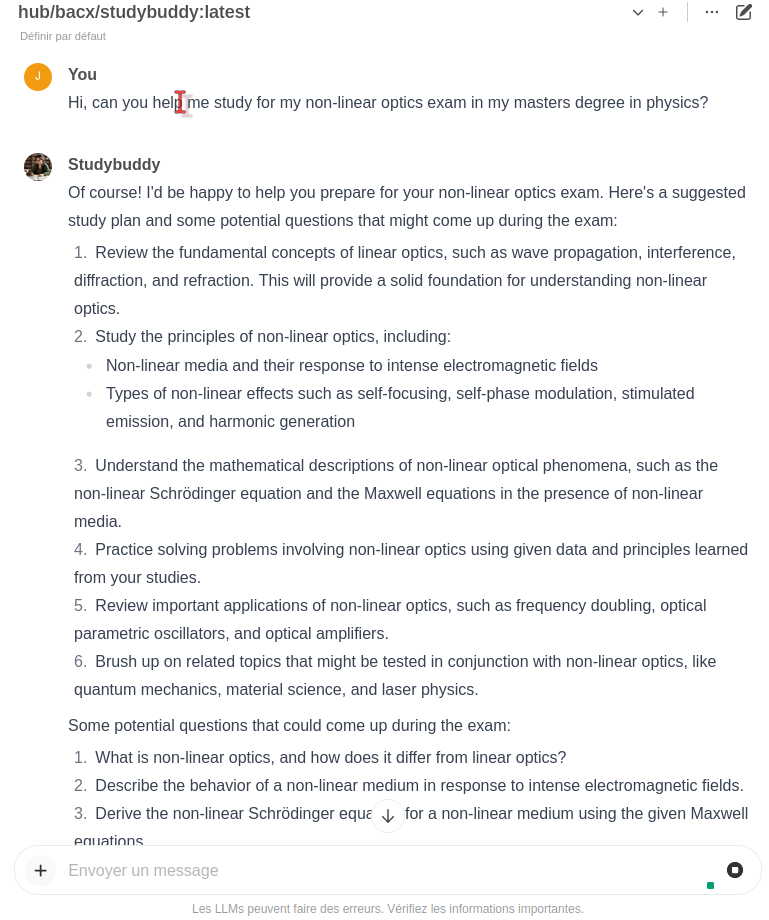 Discussion avec le modèle issu du Modelfile, en utilisant une des suggestions par défaut pour commencer la discussion Capture d'écran d'une discussion avec le modèle issu du Modelfile, en utilisant une des suggestions par défaut pour commencer la discussion