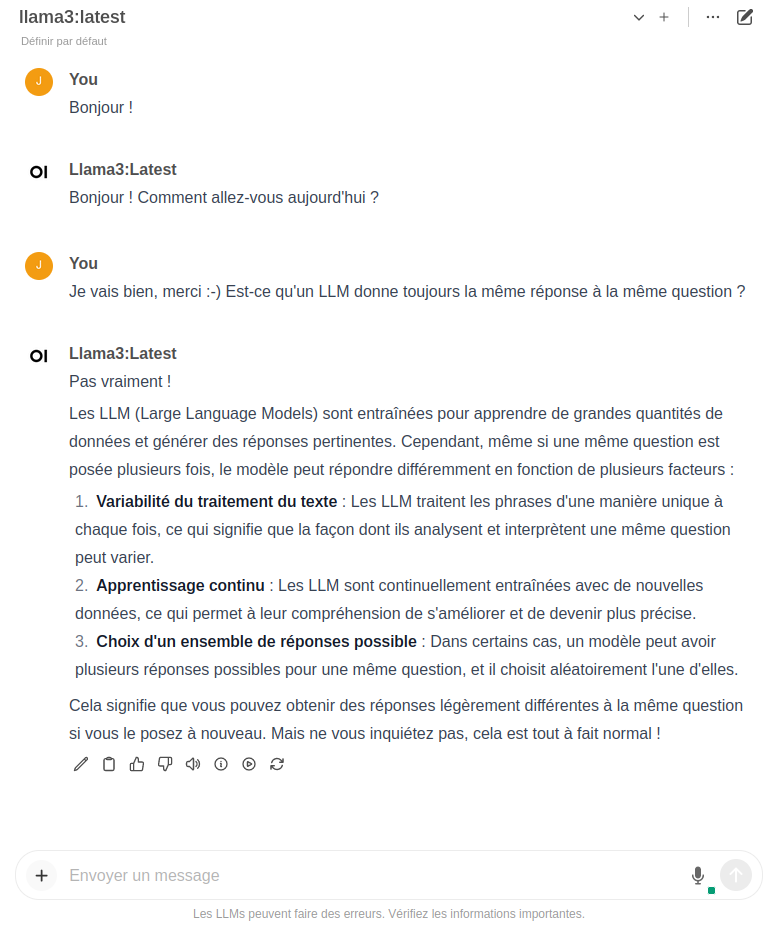 Tu peux commencer à discuter avec le modèle Capture d'écran d'une discussion avec un LLM en utilisant Open WebUI