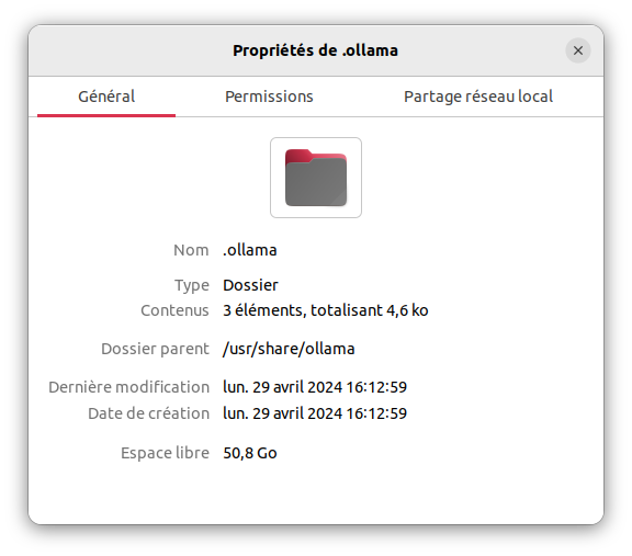 Ce dossier est sur un disque dur qui dispose de 50,8 Go d'espace libre Capture d'écran des propriétés d'un dossier, qui indique 50,8 Go de libre sur le disque dur