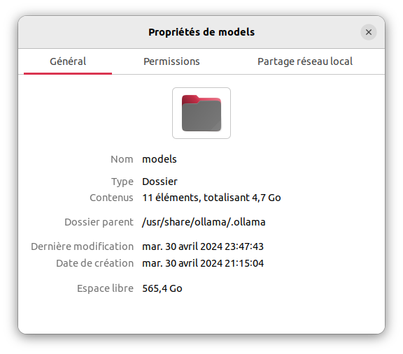 Ce sous-dossier du dossier précédent, est sur un disque dur qui dispose de 565,4 Go d'espace libre ! Capture d'écran des propriétés d'un sous-dossier du dossier précédent, qui indique 565,4 Go de libre sur le disque dur !