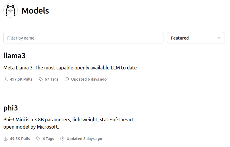 Aperçu de la bibliothèque de modèles du site d'Ollama Capture d'écran de la bibliothèque de modèles du site d'Ollama